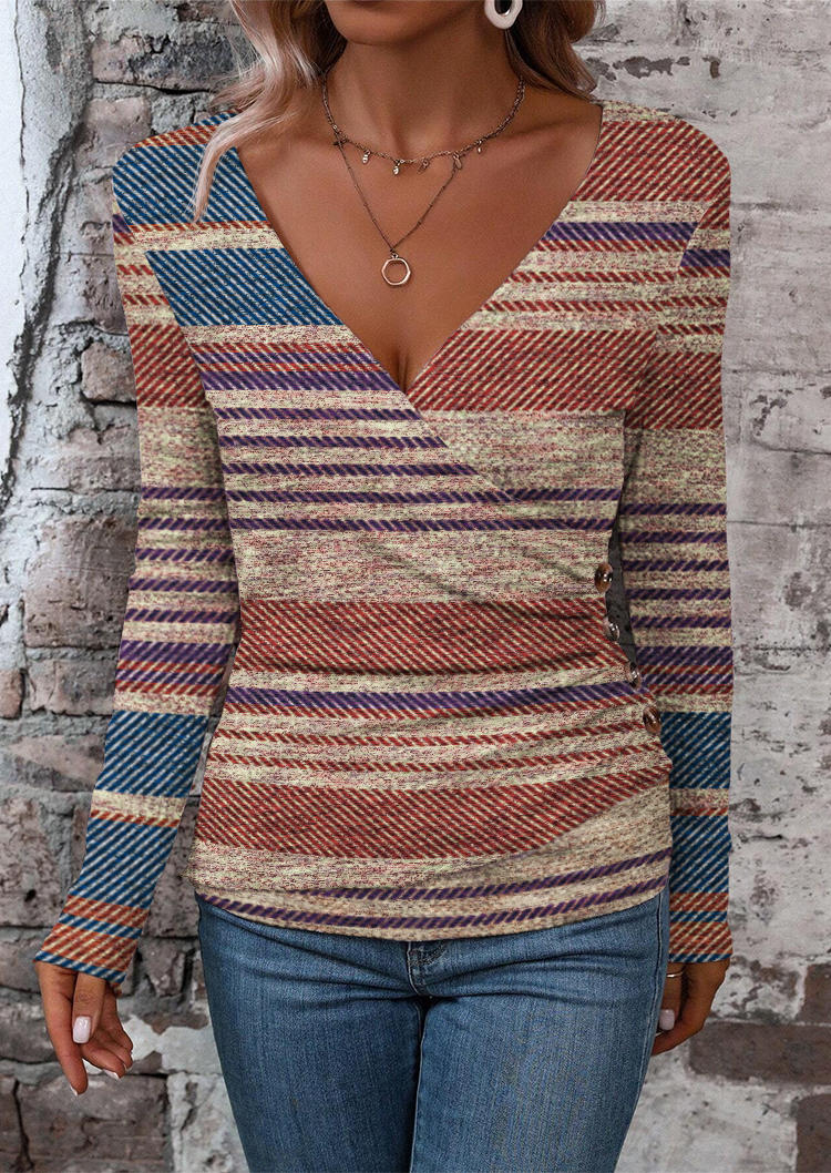 Striped Wrap Button V-Neck Blouse