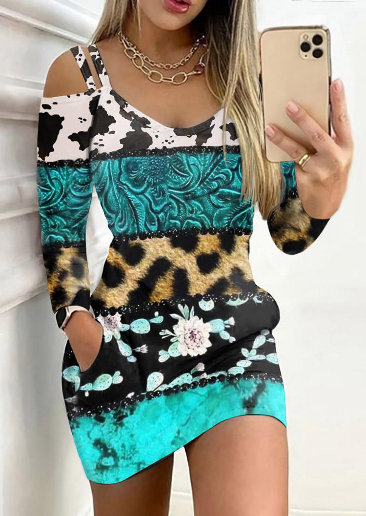 

Mini Dresses Leopard Cow Floral Pocket Cold Shoulder Mini Dress in Multicolor. Size: L,M,,XL