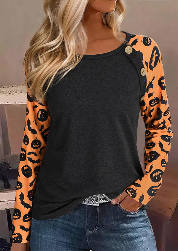 Halloween Pumpkin Face Bat Raglan Sleeve Blouse - Dark Grey