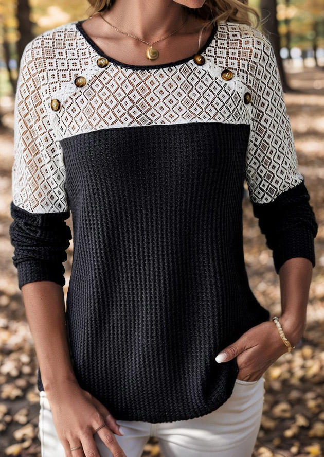 

Blouses Color-Blocked Lace Stitching Waffle Long Sleeve Blouse in Black. Size: L,M,,XL