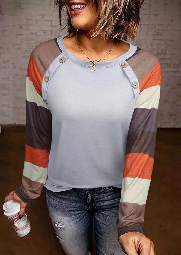 Color Block Button Long Sleeve Blouse
