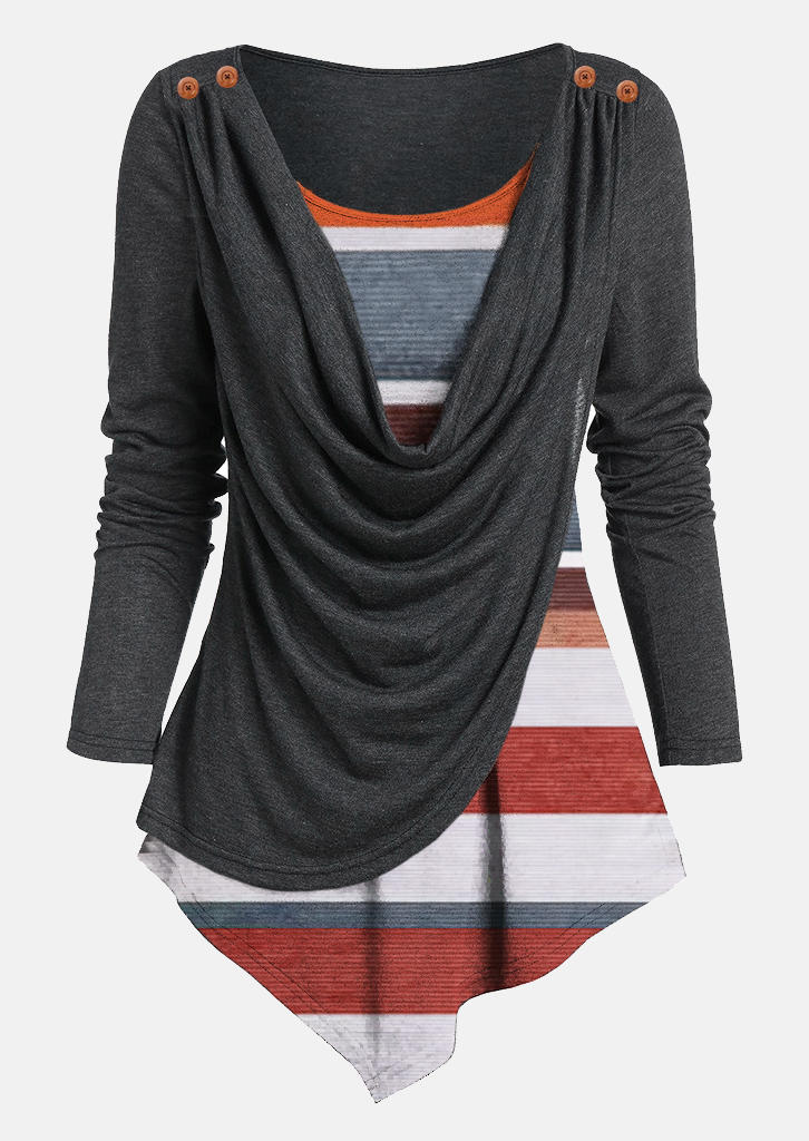 

Blouses Striped Color-Blocked Draped Button Asymmetric Hem Fake Two-Piece Blouse in Multicolor. Size: L,M,,XL