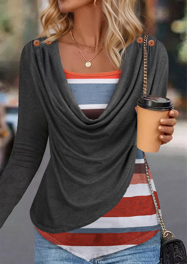 Striped Color-Blocked Draped Button Asymmetric Hem Fake Two-Piece Blouse