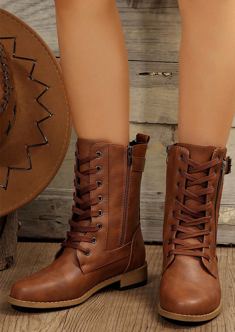

Boots Lace Up Zipper PU Leather Boots in Brown. Size