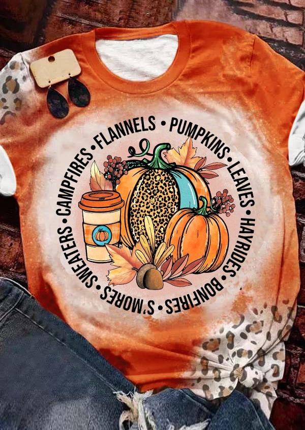 

Thanksgiving Shirts Flannels Pumpkins Bonfires Leopard Bleached O-Neck T-Shirt Tee in Orange. Size: L,M,,XL