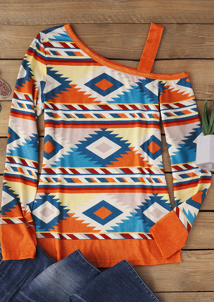 

Blouses Autumn Aztec Geometric One Shoulder Blouse in Multicolor. Size: L,M,,XL