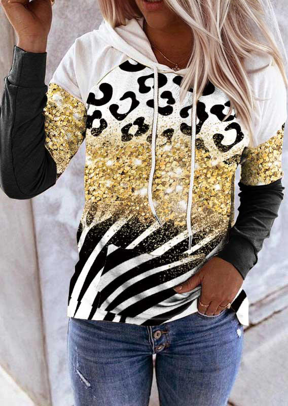 

Hoodies Zebra Striped Leopard Glitter Kangaroo Pocket Hoodie in Multicolor. Size: L,M,,XL