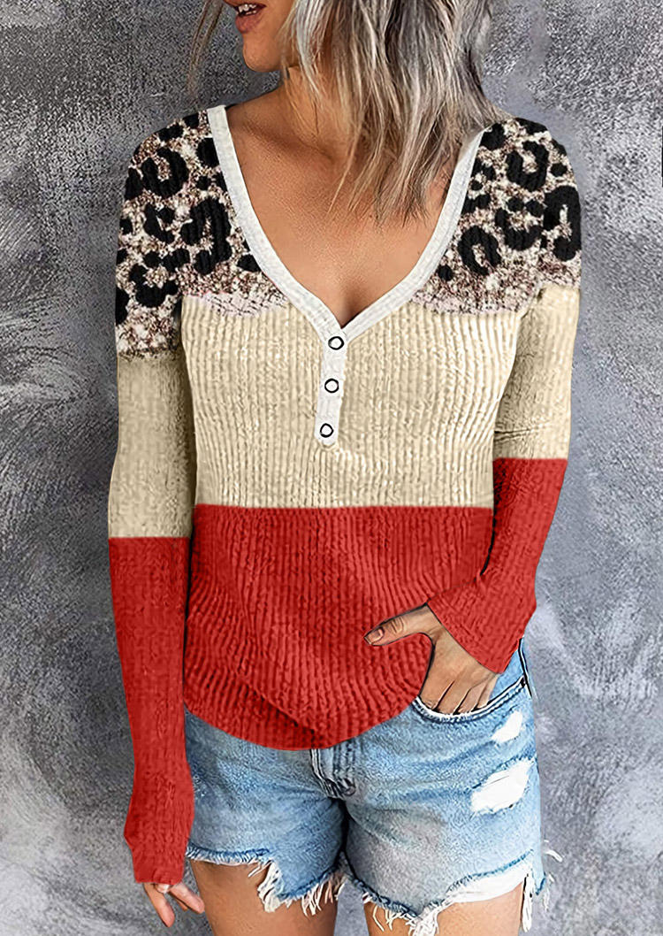 

Blouses Leopard Color-Blocked Snap Button Blouse in Multicolor. Size: L,M,,XL