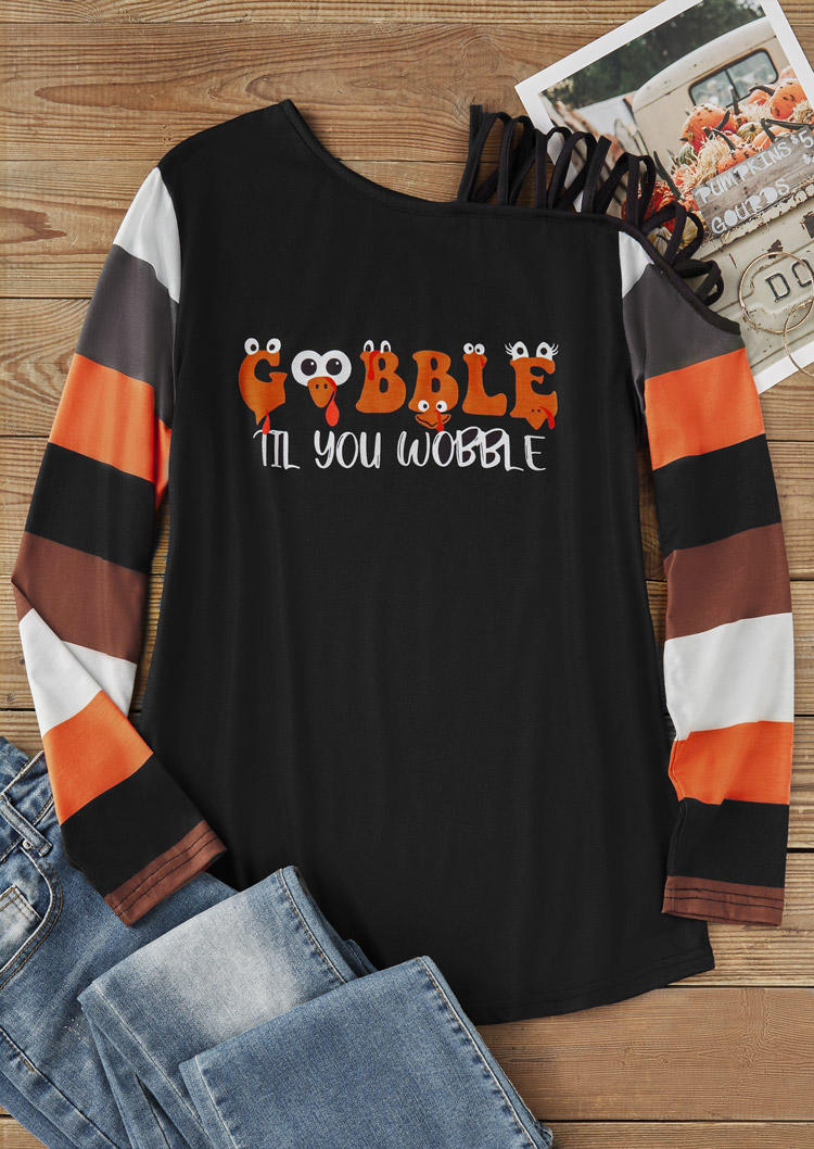 

Gobble Till You Wobble Shirts Color Block One Sided Cold Shoulder Long Sleeve Blouse in Black. Size: L,M