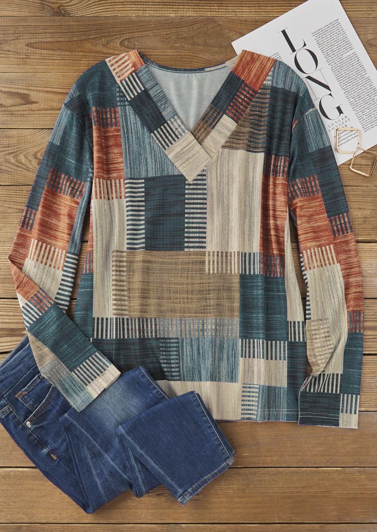 

Blouses Plaid Geometric V-Neck Long Sleeve Blouse in Multicolor. Size: M,,XL