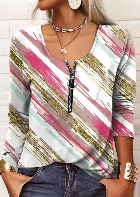 

Blouses Glitter Abstract Graphic Zipper Blouse in Multicolor. Size