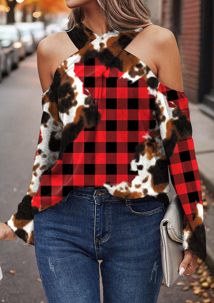

Blouses Buffalo Plaid Cow Cold Shoulder Halter Blouse in Multicolor. Size: L,M,,XL