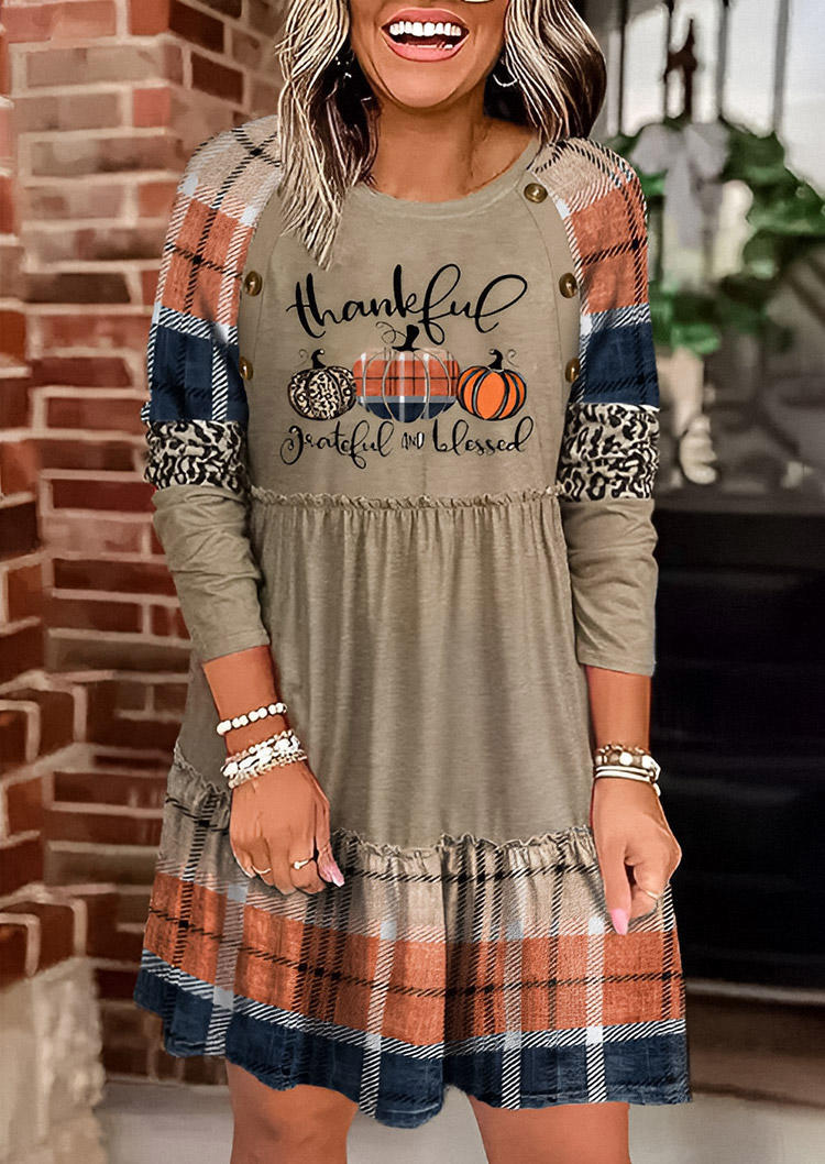 Thanksgiving Thankful Grateful And Blessed Leopard Plaid Pumpkin Mini Dress