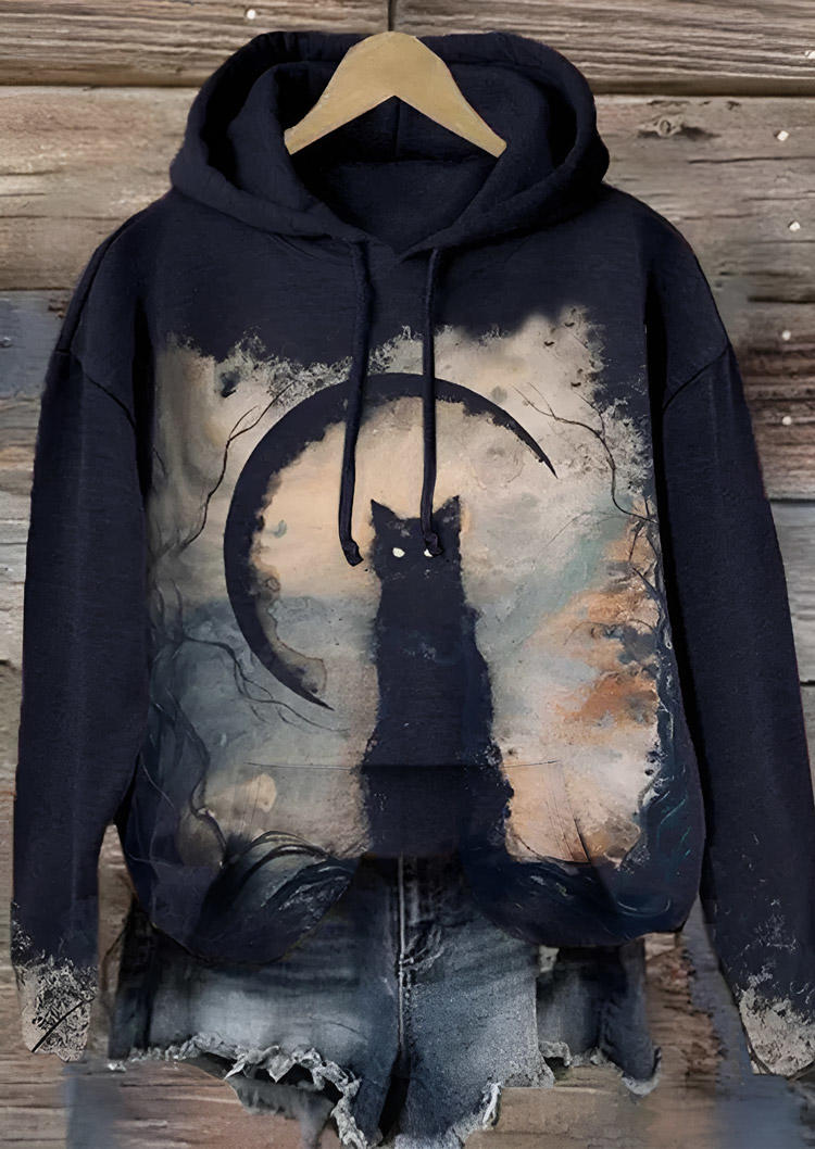 

Hoodies Halloween Cat Kangaroo Pocket Hoodie - Navy Blue in Blue. Size: L
