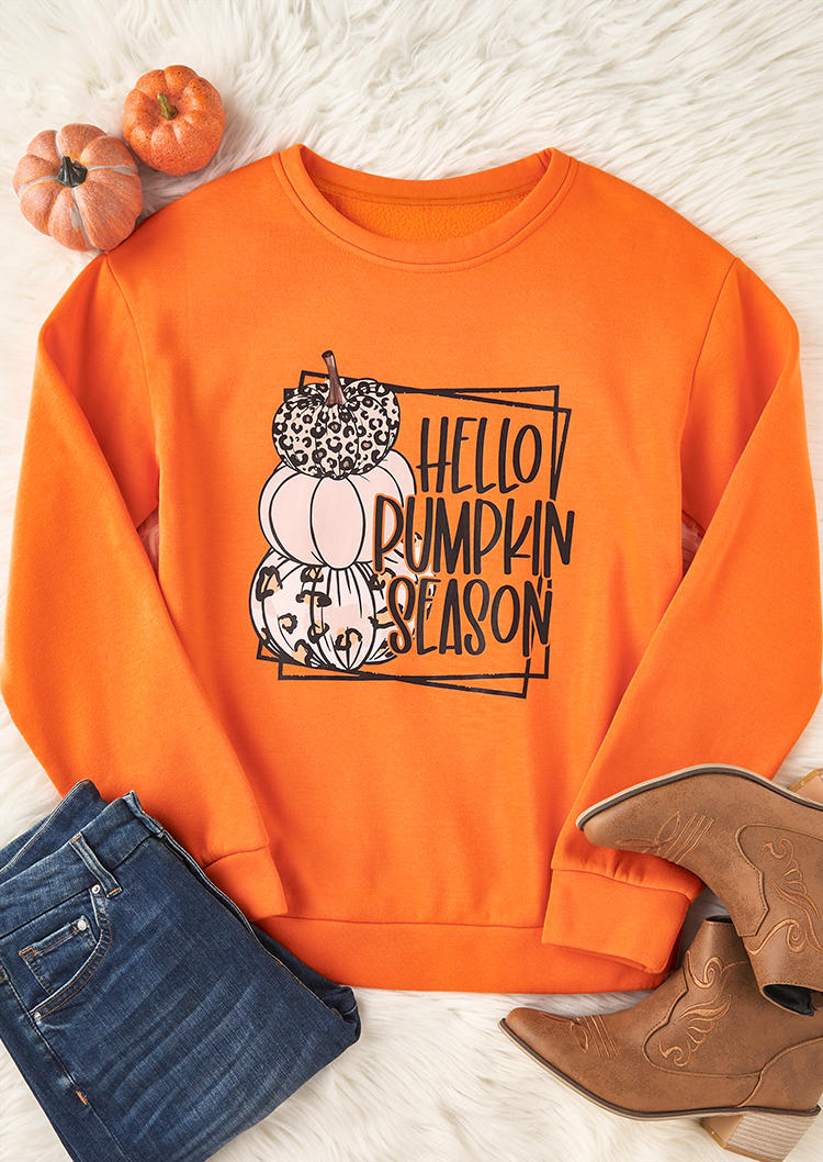 

Sweatshirts Thanksgiving Hello Pumpkin Season Leopard Sweatshirt in Orange. Size: L,M,,XL