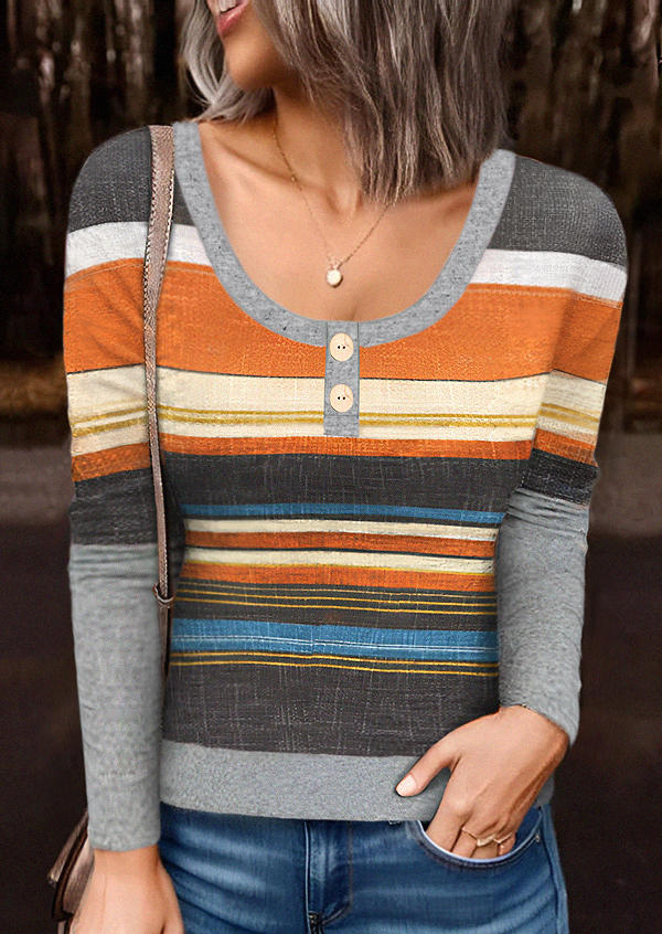 

Blouses Autumn Colorful Striped Trendy Long Sleeve Blouse in Multicolor. Size: L,M,,XL