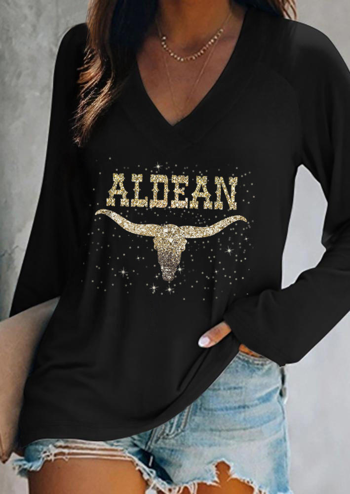 

T-shirts Tees Steer Skull Glitter V-Neck T-Shirt Tee in Black. Size: L,M,,XL