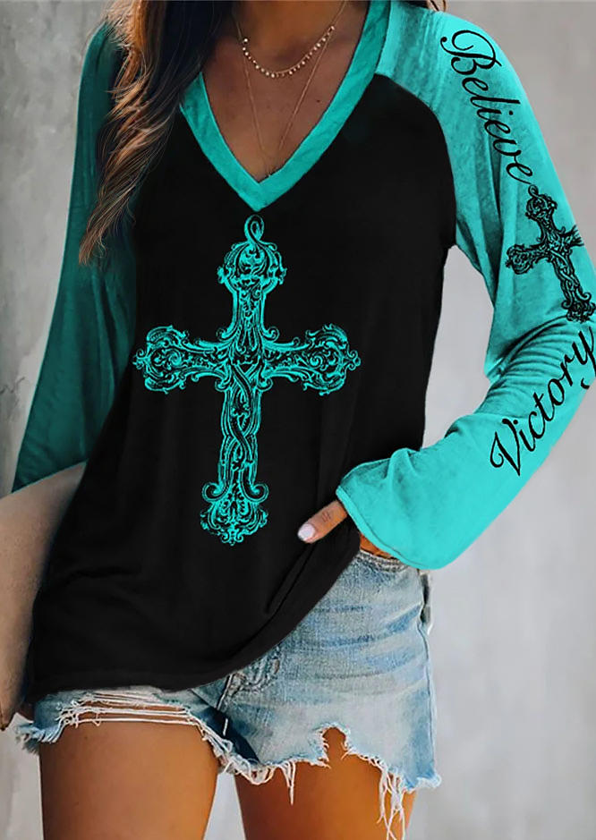 Believe Victory Cross V-Neck Blouse - Cyan