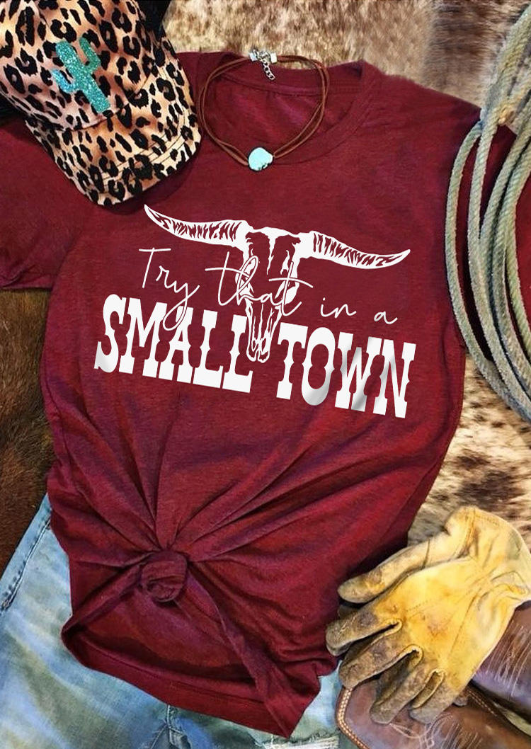 

Try That In A Small Town Jason Aldean Shirts Country Music Shirts Steer Skull T-Shirt Tee in Red. Size