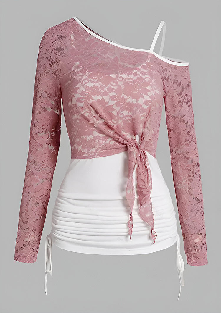

Blouses Lace Stitching One Sided Cold Shoulder Fake Two-Piece Blouse in Pink. Size: L,M,,XL