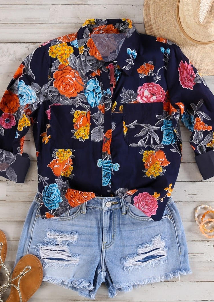 

Shirts Floral Button Long Sleeve Turn-Down Collar Shirt in Multicolor. Size: L,M,,XL