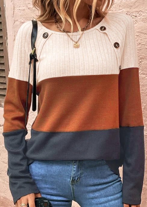 

Blouses Color-Blocked Ribbed Button Raglan Sleeve Blouse in Multicolor. Size