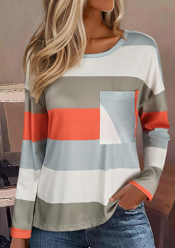 Color-Blocked Pocket Loose Long Sleeve Blouse