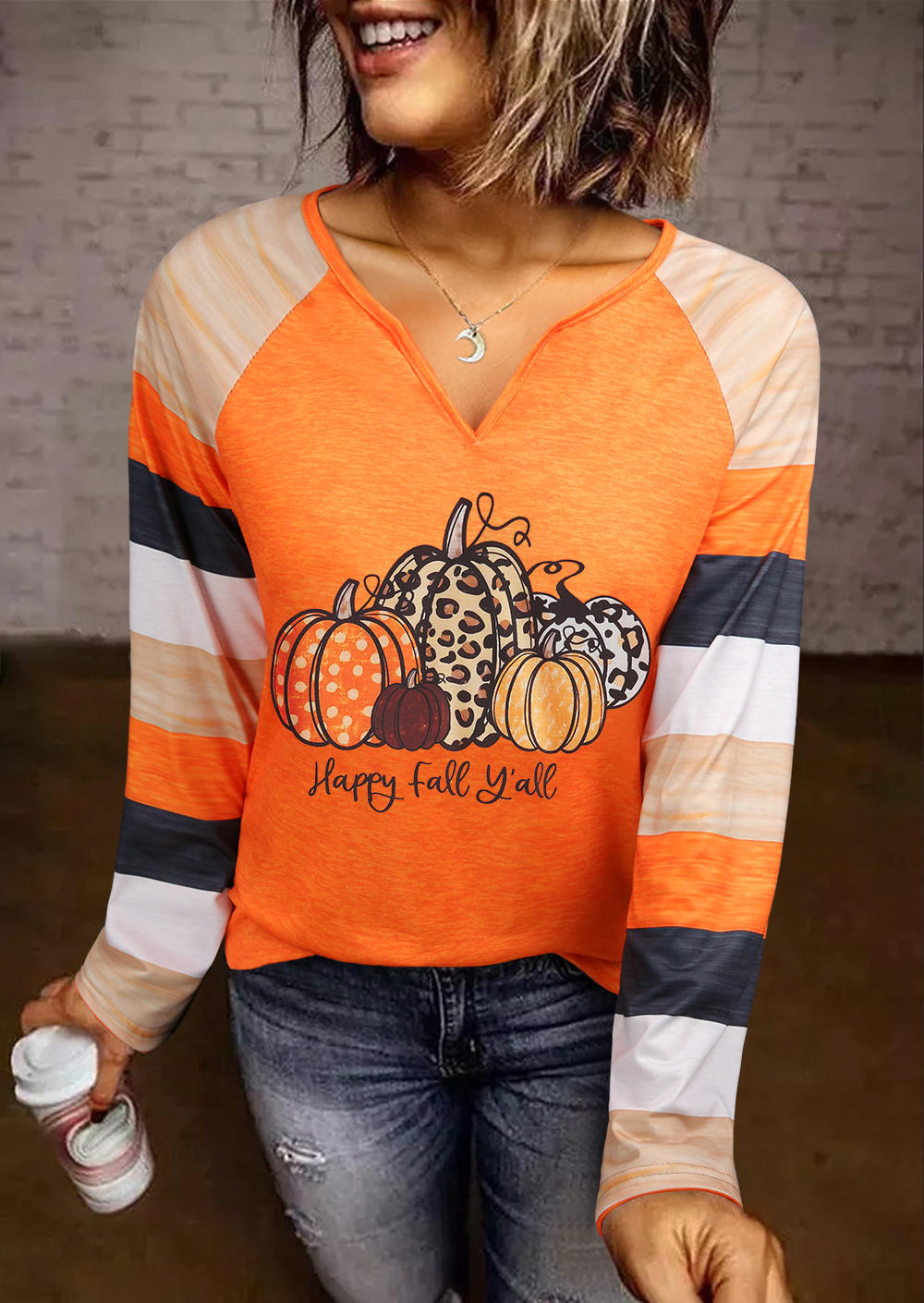 

Blouses Happy Fall Y'all Pumpkin Color-Blocked Blouse in Orange. Size: L,M