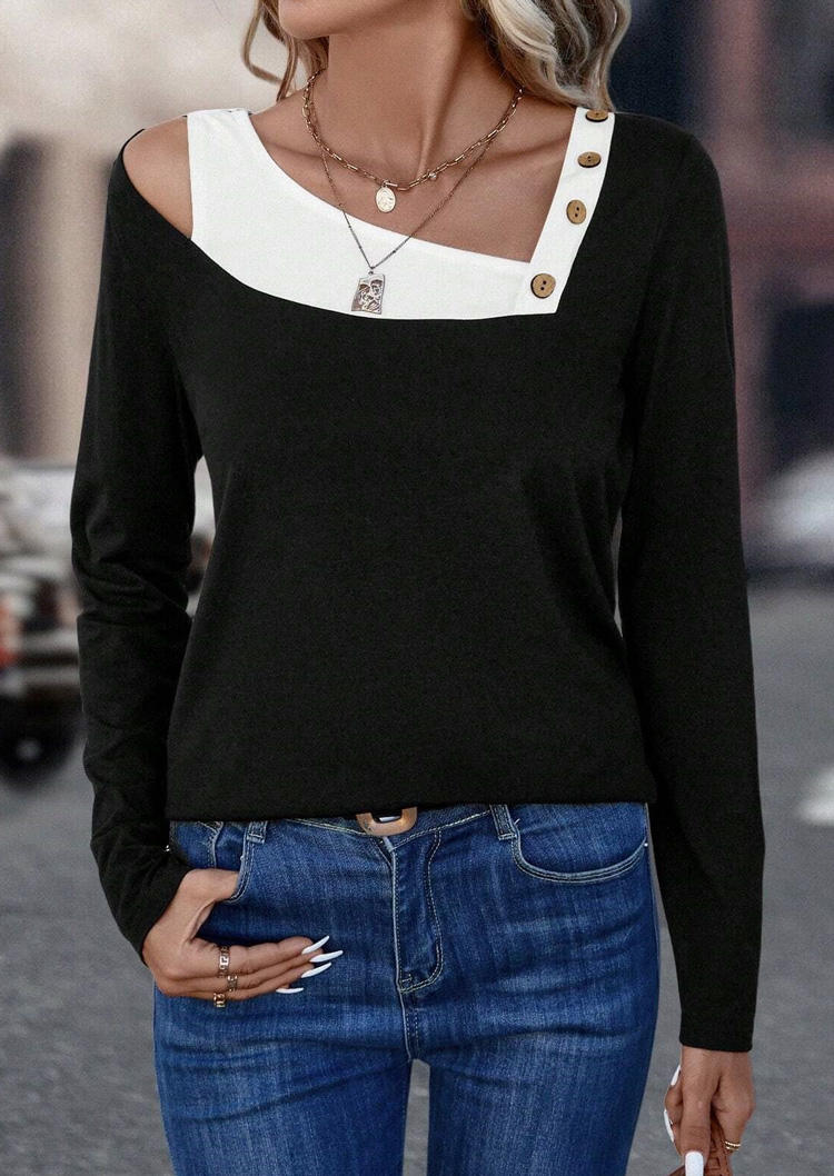 

Blouses Color-Blocked Button Asymmetrical Neck Blouse in Black. Size