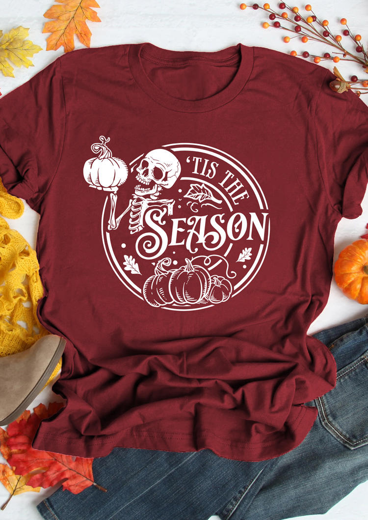 

T-shirts Tees Halloween 'Tis The Season Skeleton Pumpkin T-Shirt Tee - Burgundy in Red. Size: M,,XL