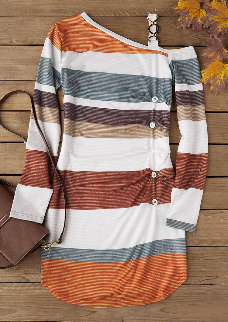 

Sweatshirt Dresses Striped Color Block Button Chain One Sided Cold Shoulder Sweatshirt Dress in Multicolor. Size