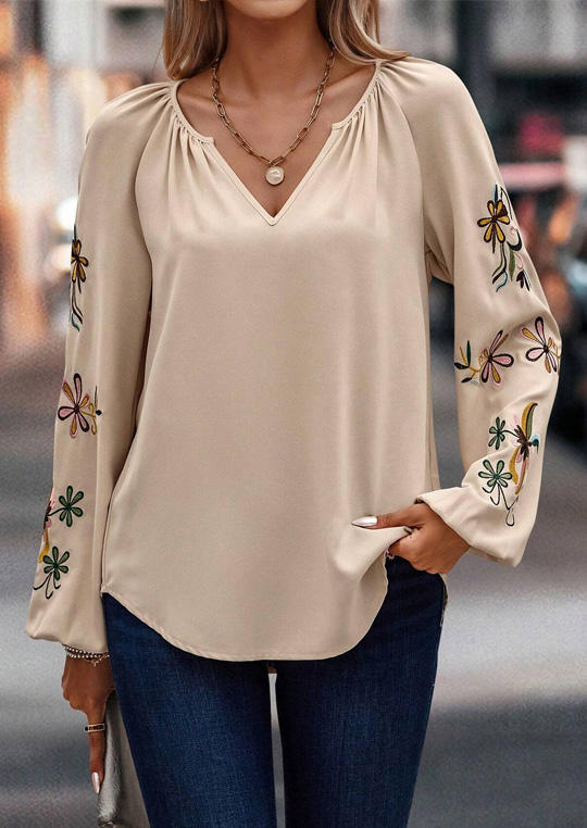 

Blouses Floral Ruffled Elegant Elastic Cuff Blouse in Apricot. Size: L,M,,XL