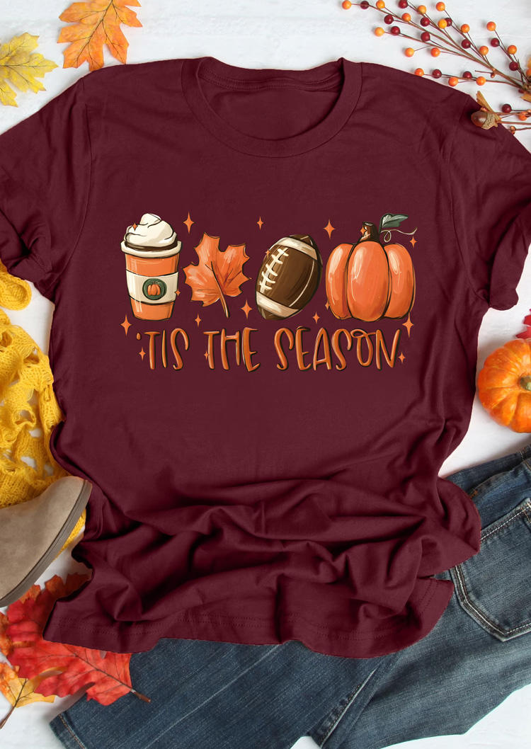 

T-shirts Tees Tis The Season Pumpkin Soccer Maple Leaf Coffee T-Shirt Tee - Burgundy in Red. Size: L,M,,XL