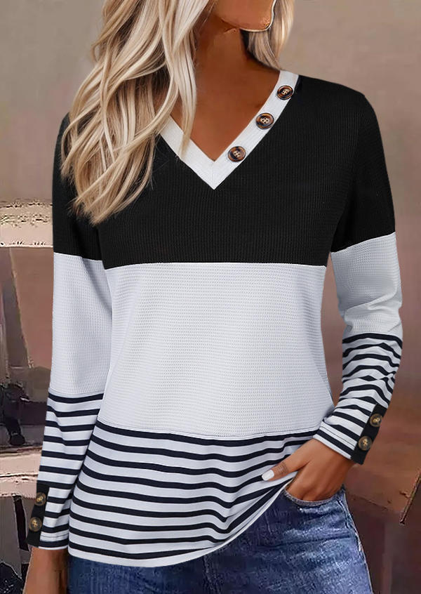 Color-Blocked Striped Button V-Neck Blouse