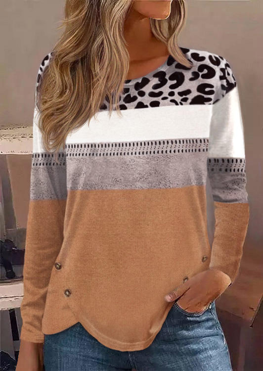 Leopard Color-Blocked Asymmetric Hem Blouse