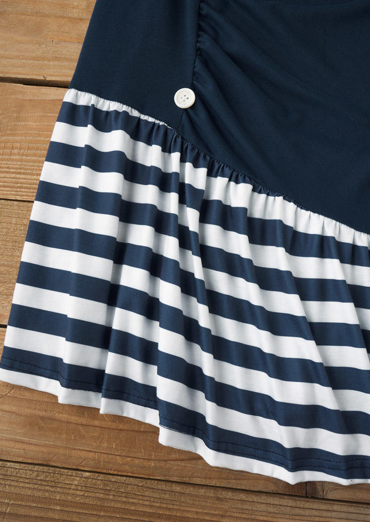 Striped Button Long Sleeve Mini Dress - Deep Blue
