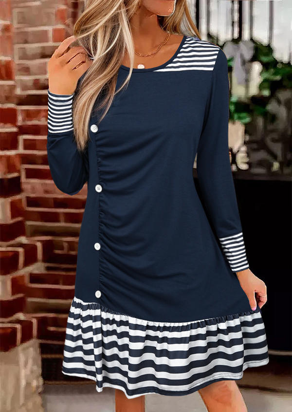 Striped Button Long Sleeve Mini Dress - Deep Blue