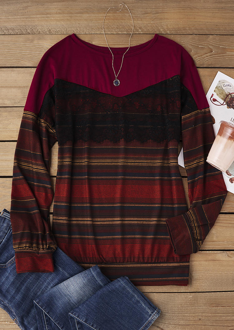 

Blouses Striped Lace Drop-Shoulder Blouse - Burgundy in Red. Size: L,M,,XL