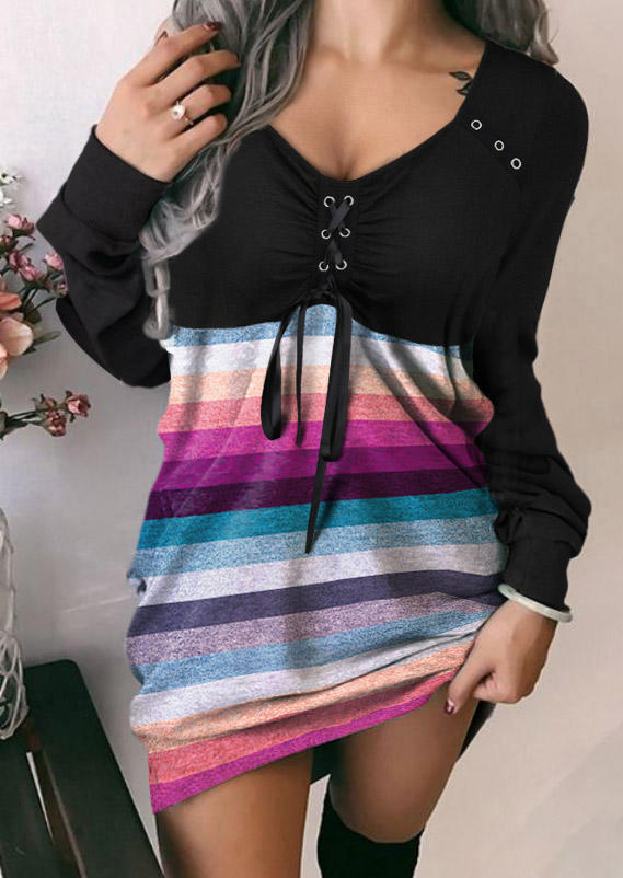 

Mini Dresses Colorful Striped Lace Up Eyelet Mini Dress in Multicolor. Size: L,M,,XL