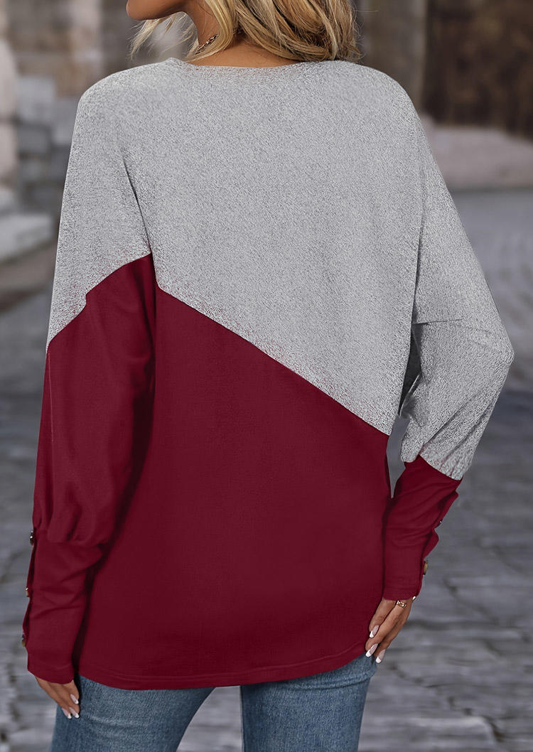 

Blouses Color-Blocked Button Long Sleeve Blouse - Burgundy in Red. Size