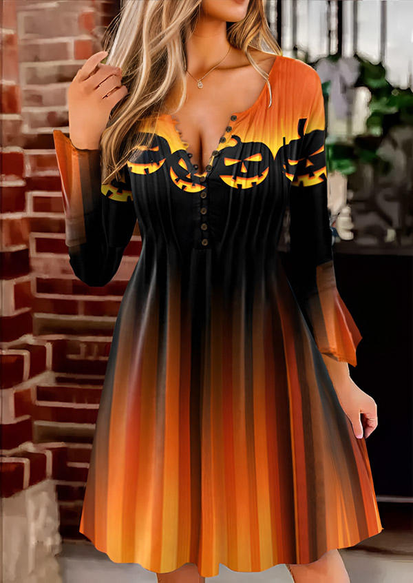 Halloween Gradient Pumpkin Face Flare Sleeve Mini Dress - Orange