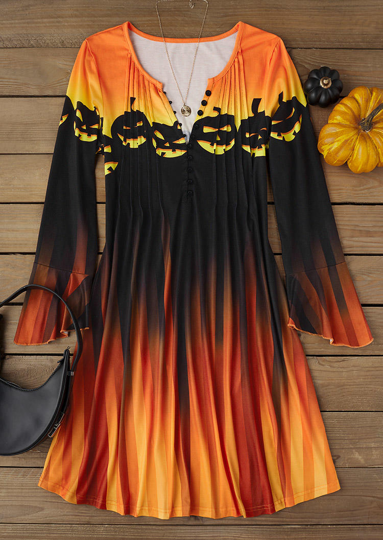 

Mini Dresses Halloween Gradient Pumpkin Face Flare Sleeve Mini Dress in Orange. Size: L,M,,XL