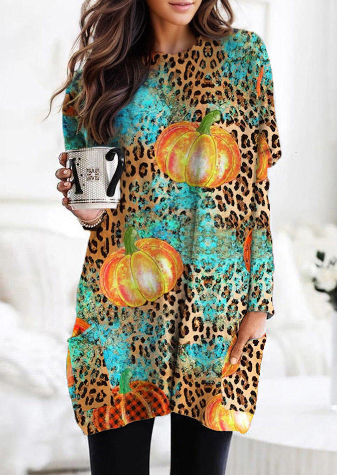 Leopard Pumpkin Pocket Long Sleeve Mini Dress