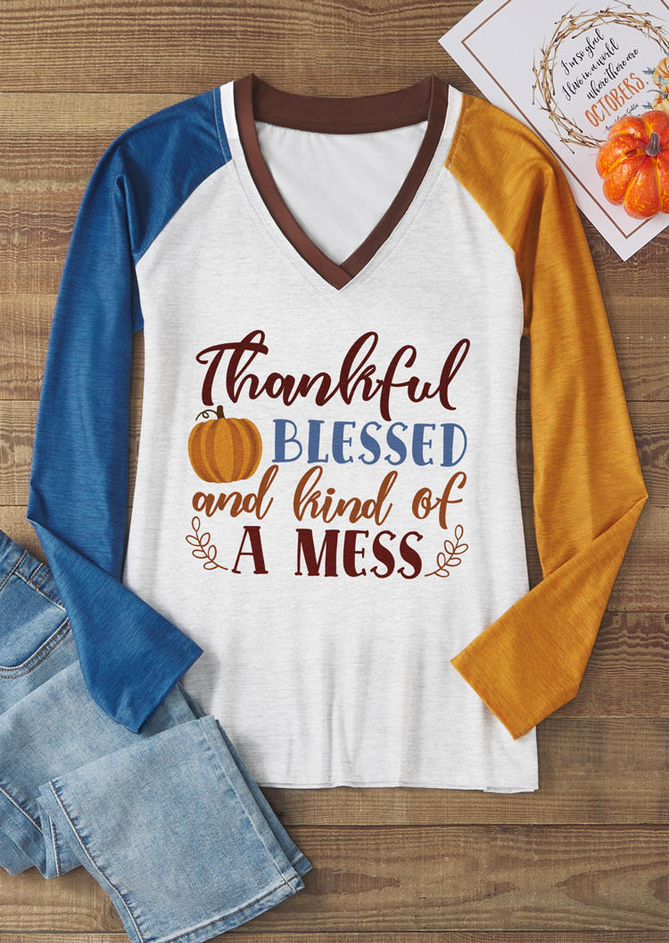 

Womens Thanksgiving Shirts Thankful Blessed & Kind Of A Mess Shirts Pumpkin Color Block V-Neck Long Sleeve T-Shirt Tee in Multicolor. Size: L,,XL