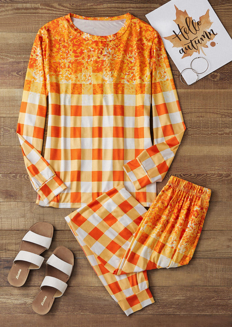 

Sleepwear Plaid Glitter Blouse And Pants Pajamas Set in Orange. Size: L,M,,XL