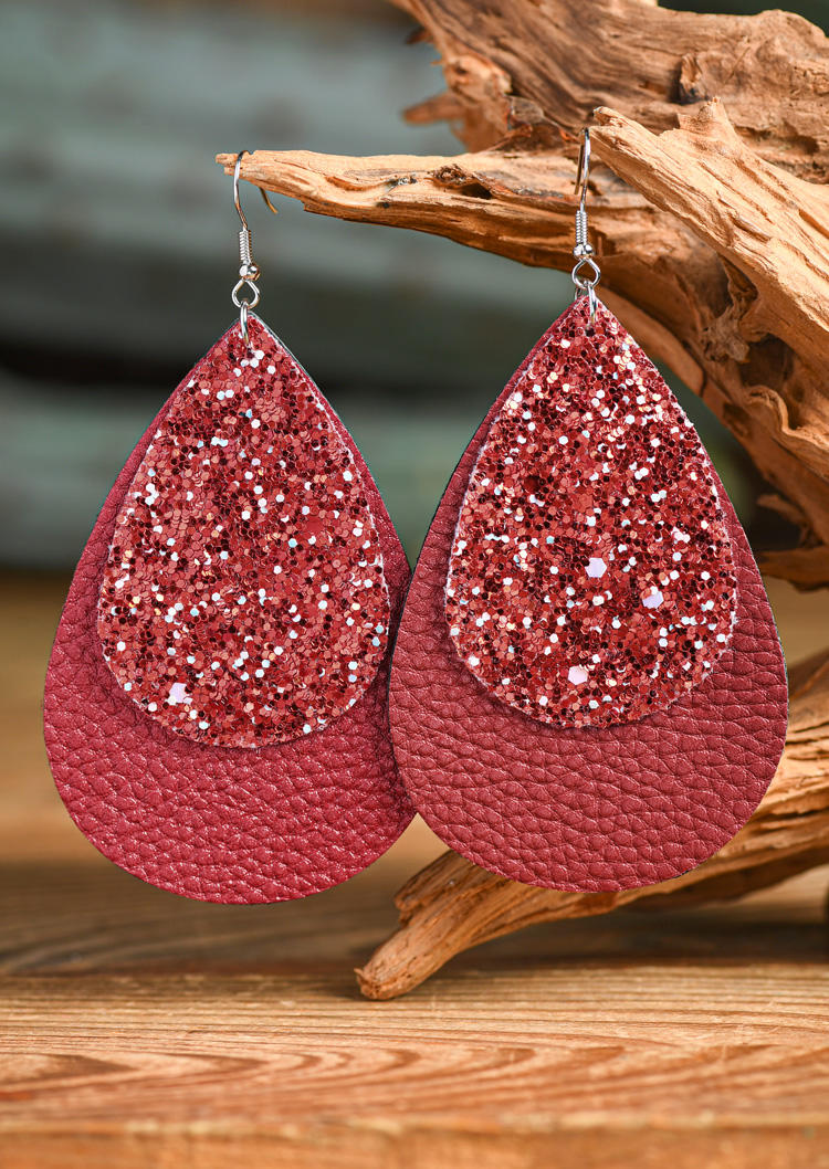 

Earrings Glitter Leather Dual-Layered Water Drop Earrings in Red. Size