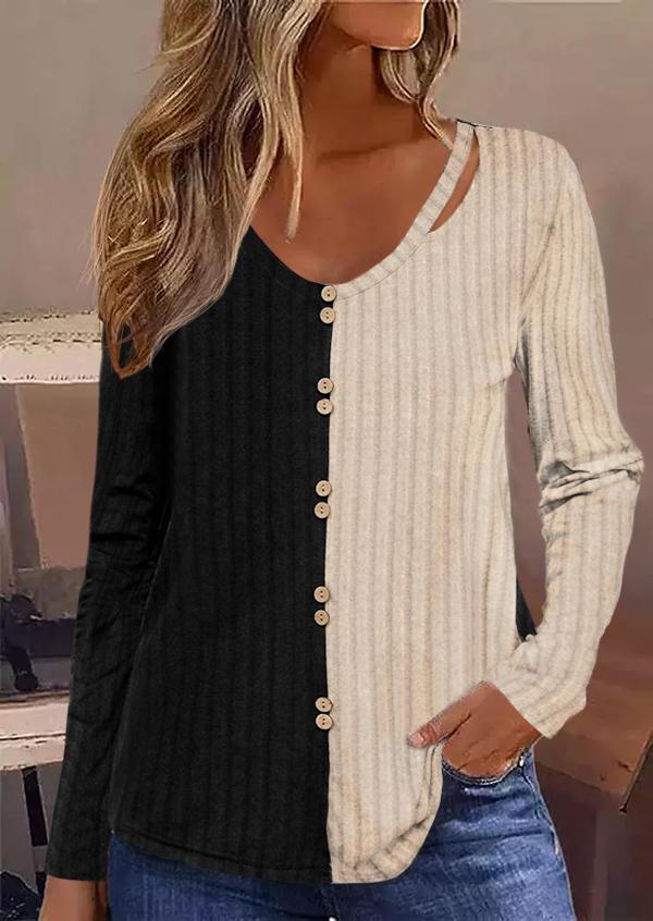 Color-Blocked Ribbed Button Hollow Out Blouse
