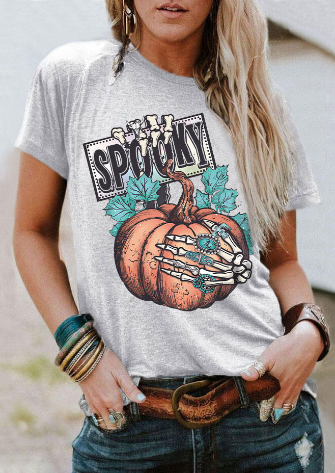 Halloween Spooky Pumpkin Face Leaf Skeleton Hand T-Shirt Tee - Light Grey