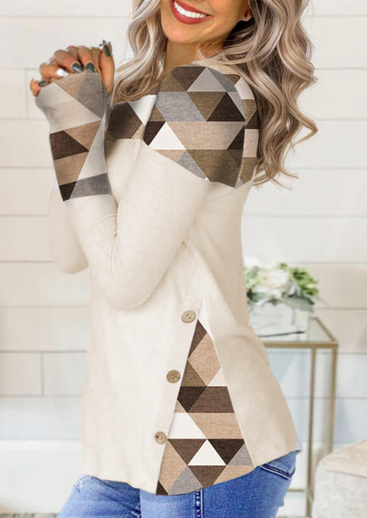 Color-Blocked Geometric Button Long Sleeve Blouse - Apricot