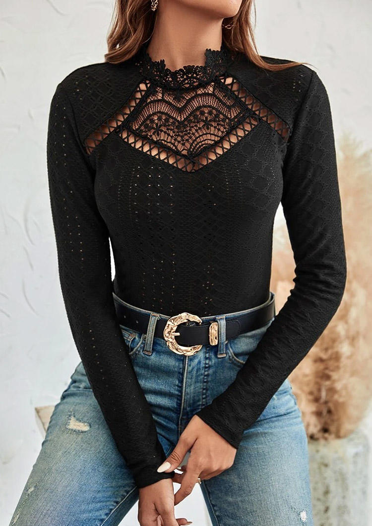 

Blouses Plain Lace Hollow Out Mock Neck Blouse in Black. Size